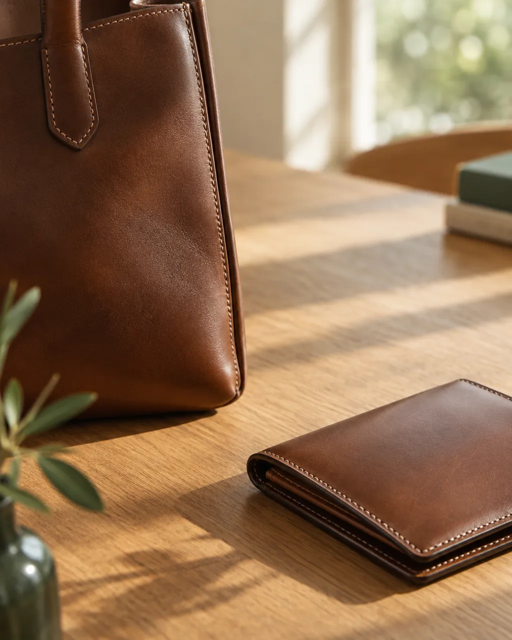 木のテーブルに置かれた革のトートバッグと二つ折り財布の縫い目